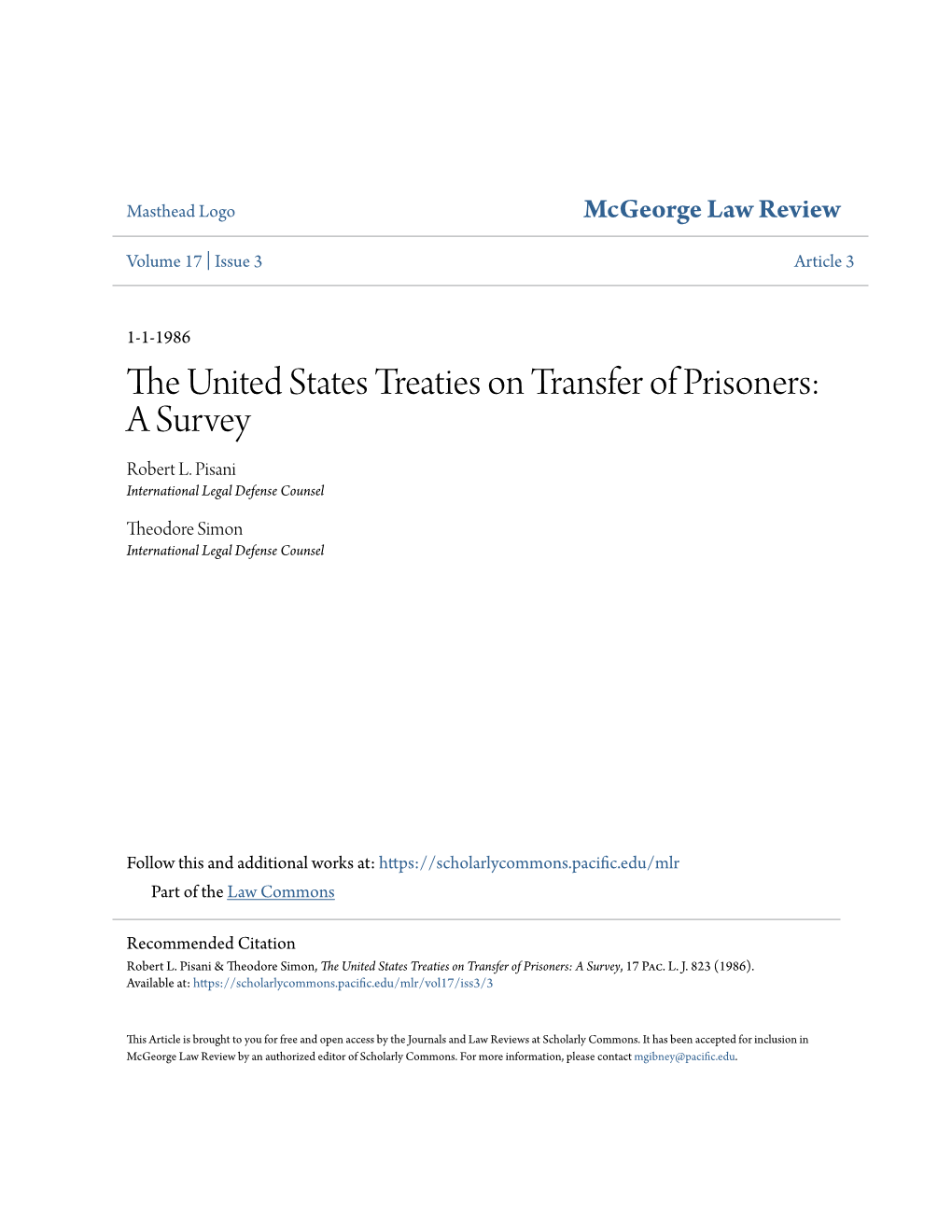 The United States Treaties on Transfer of Prisoners: a Survey, 17 Pac