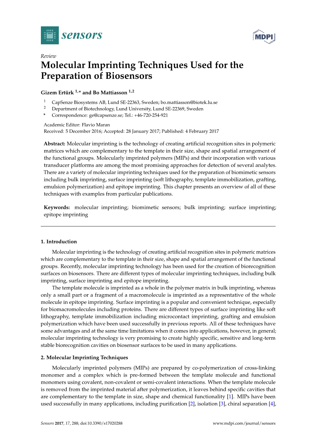 Molecular Imprinting Techniques Used for the Preparation of Biosensors