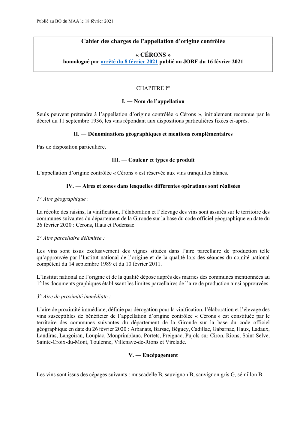 Cahier Des Charges De L'appellation D'origine Contrôlée « CÉRONS »