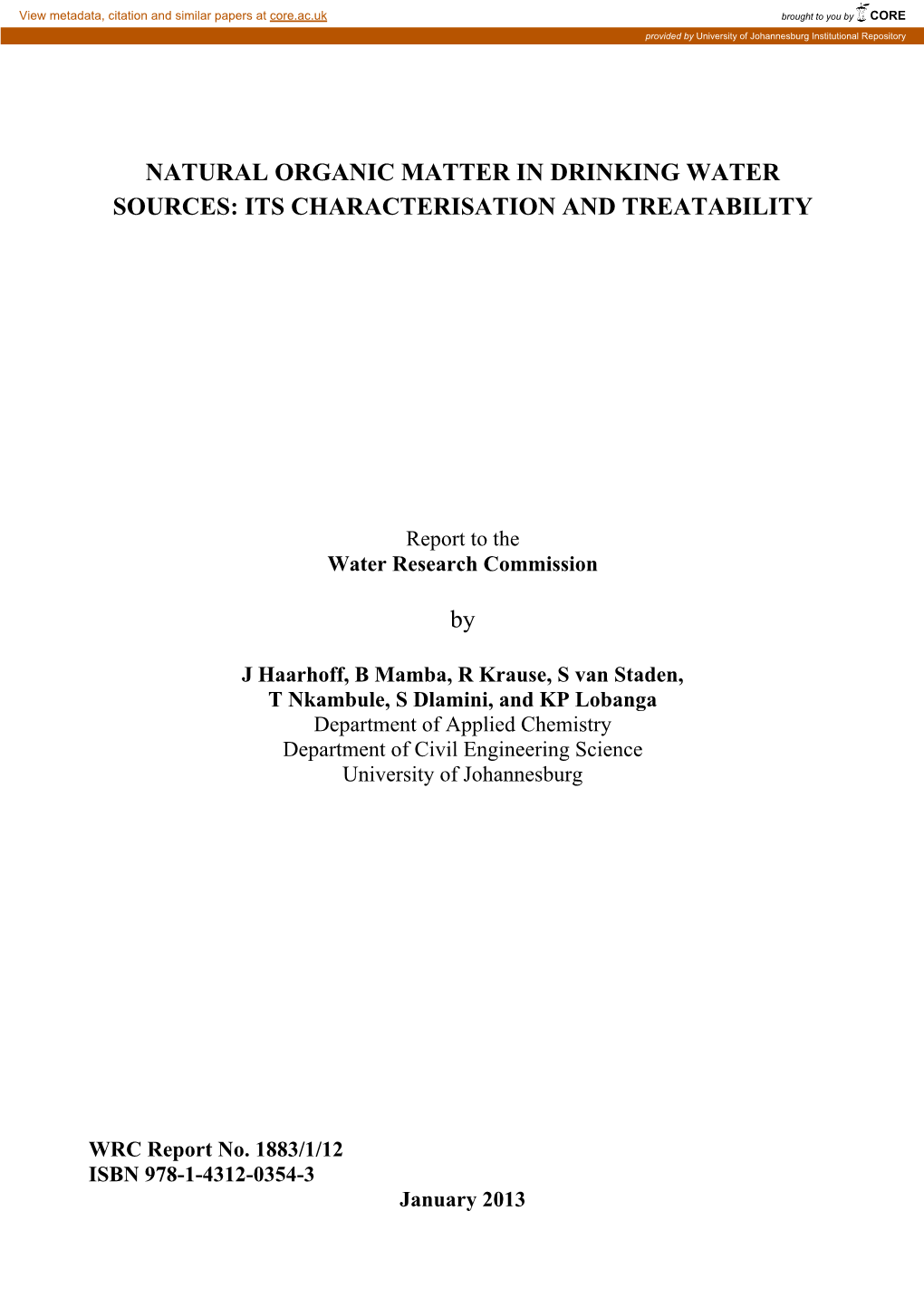 Natural Organic Matter in Drinking Water Sources: Its Characterisation and Treatability