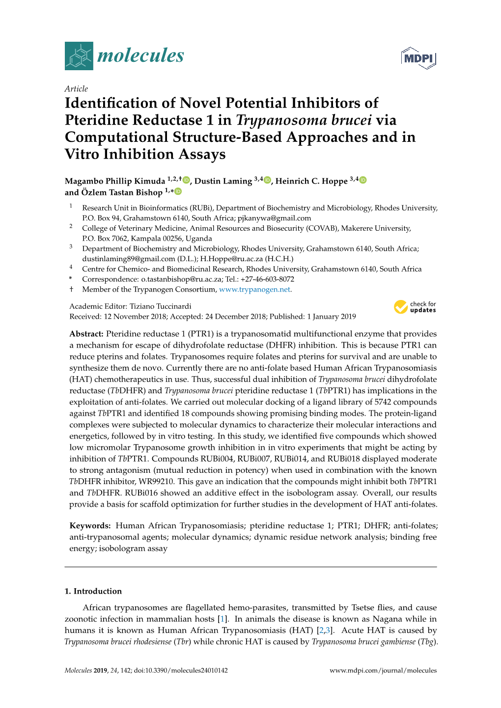 Identification of Novel Potential Inhibitors of Pteridine Reductase 1