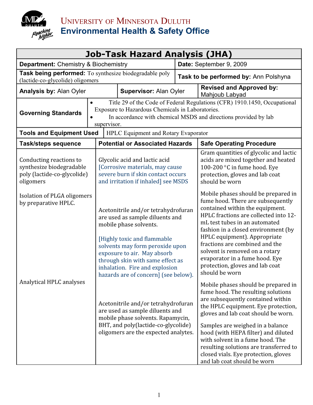 Hazard Assessment: Potential Hazards Associated with the Procedure