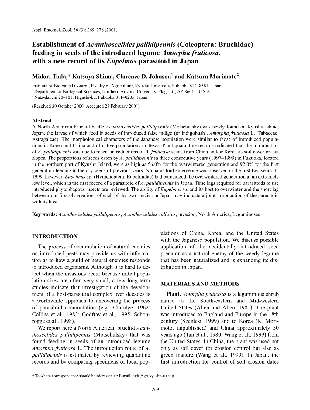 Appl. Entomol. Zool. 36 (3): 269ﾐ276