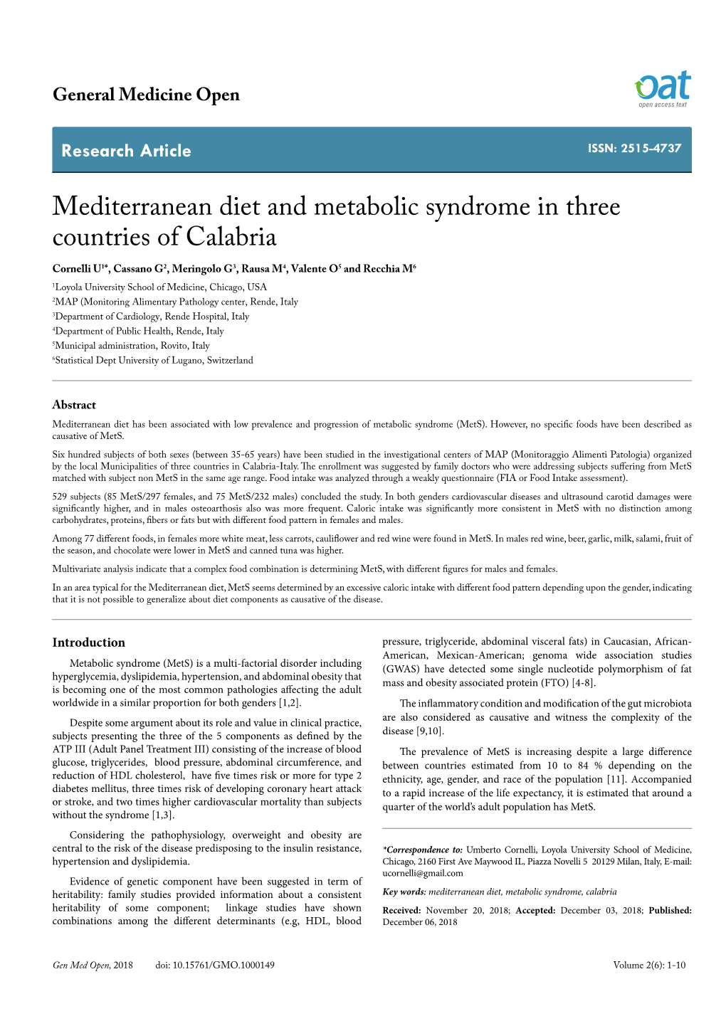 Mediterranean Diet and Metabolic Syndrome in Three Countries Of