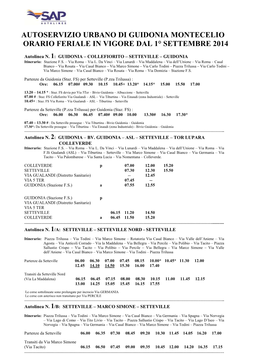 Autoservizio Urbano Di Guidonia Montecelio Orario Feriale in Vigore Dal 1° Settembre 2014