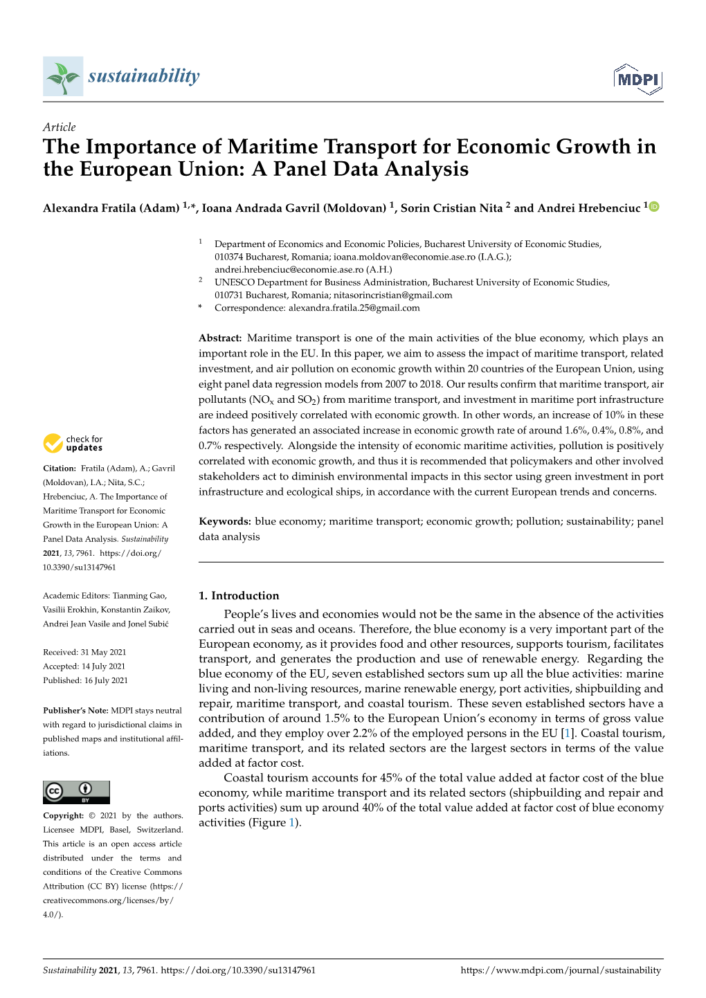 The Importance of Maritime Transport for Economic Growth in the European Union: a Panel Data Analysis