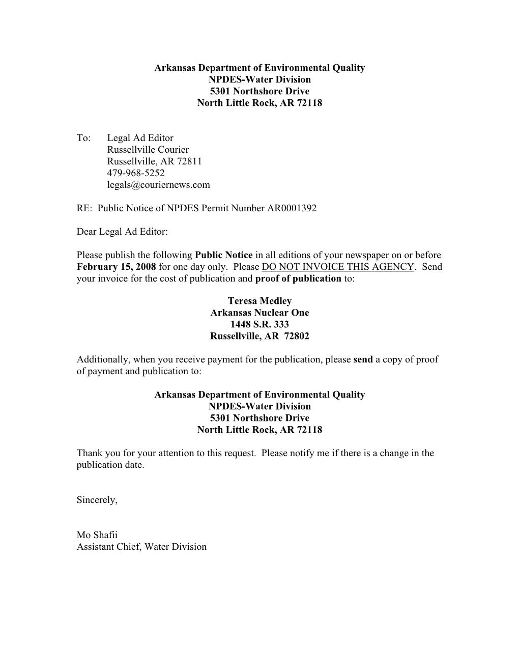 Arkansas Department of Environmental Quality NPDES-Water Division 5301 Northshore Drive North Little Rock, AR 72118