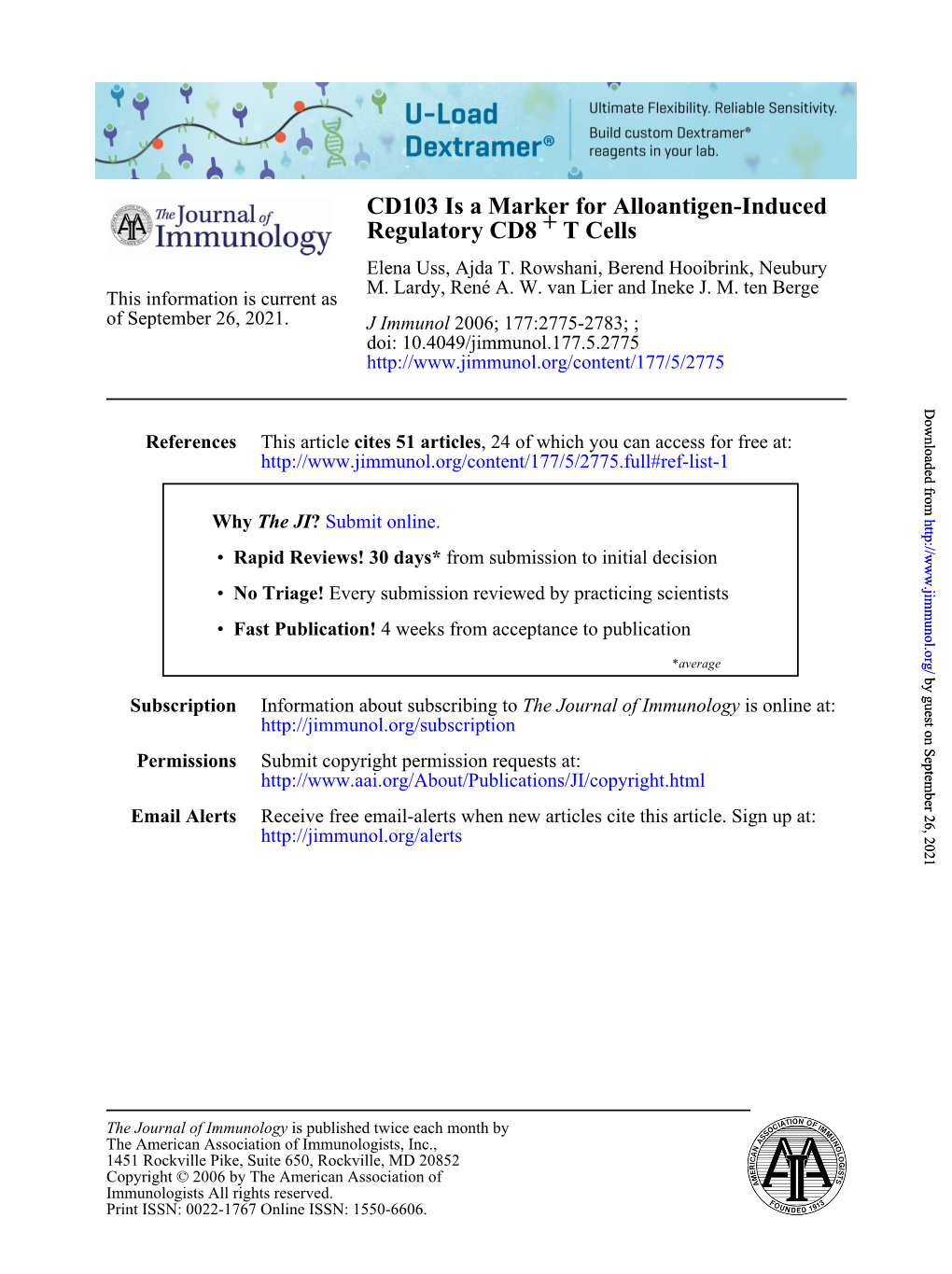 T Cells + Regulatory CD8 CD103 Is a Marker for Alloantigen-Induced