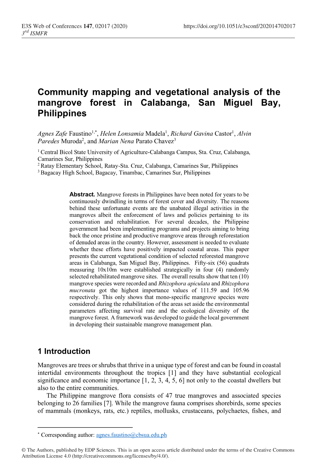 Community Mapping and Vegetational Analysis of the Mangrove Forest in Calabanga, San Miguel Bay, Philippines