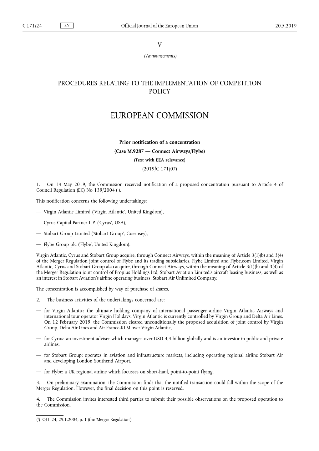 Case M.9287 — Connect Airways/Flybe) (Text with EEA Relevance) (2019/C 171/07)