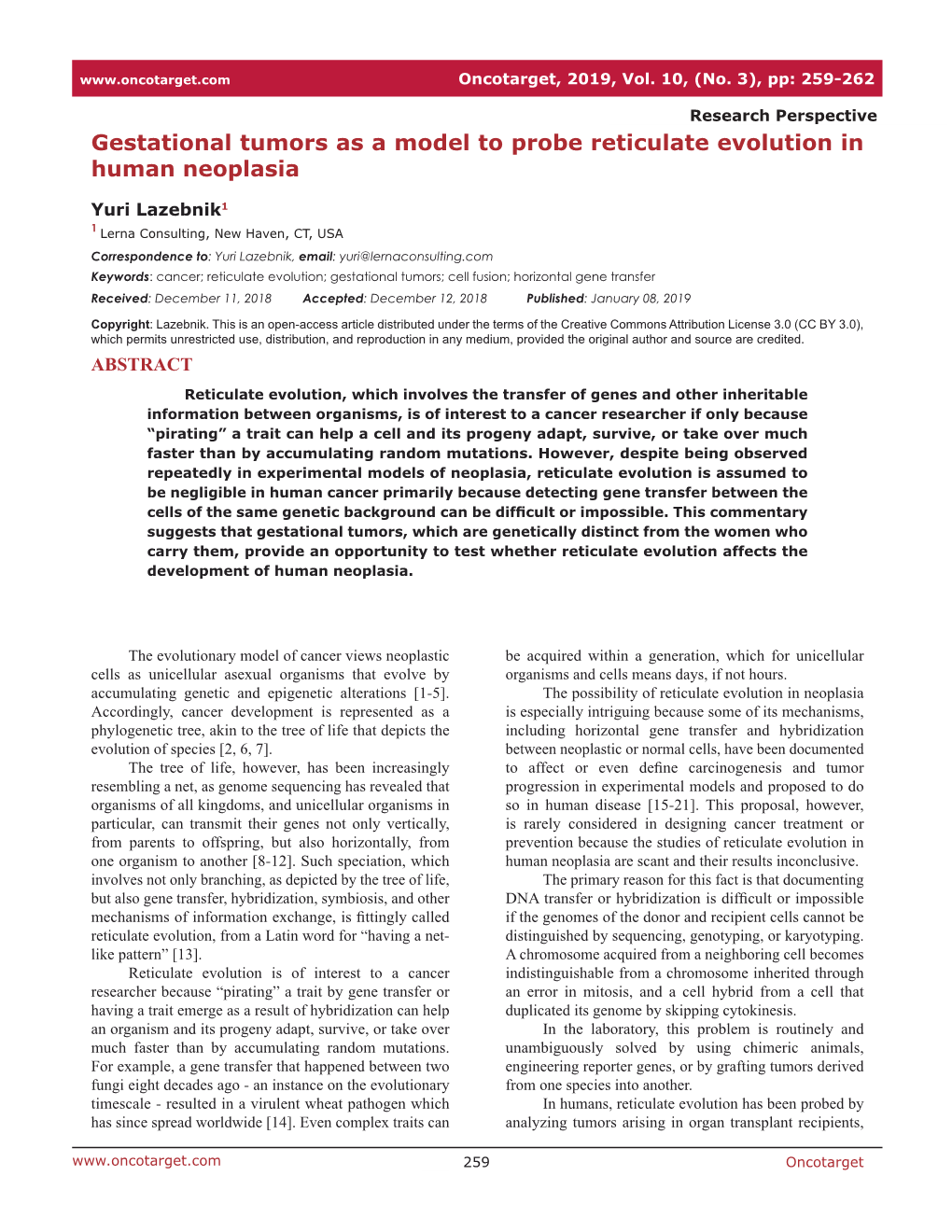 Gestational Tumors As a Model to Probe Reticulate Evolution in Human Neoplasia