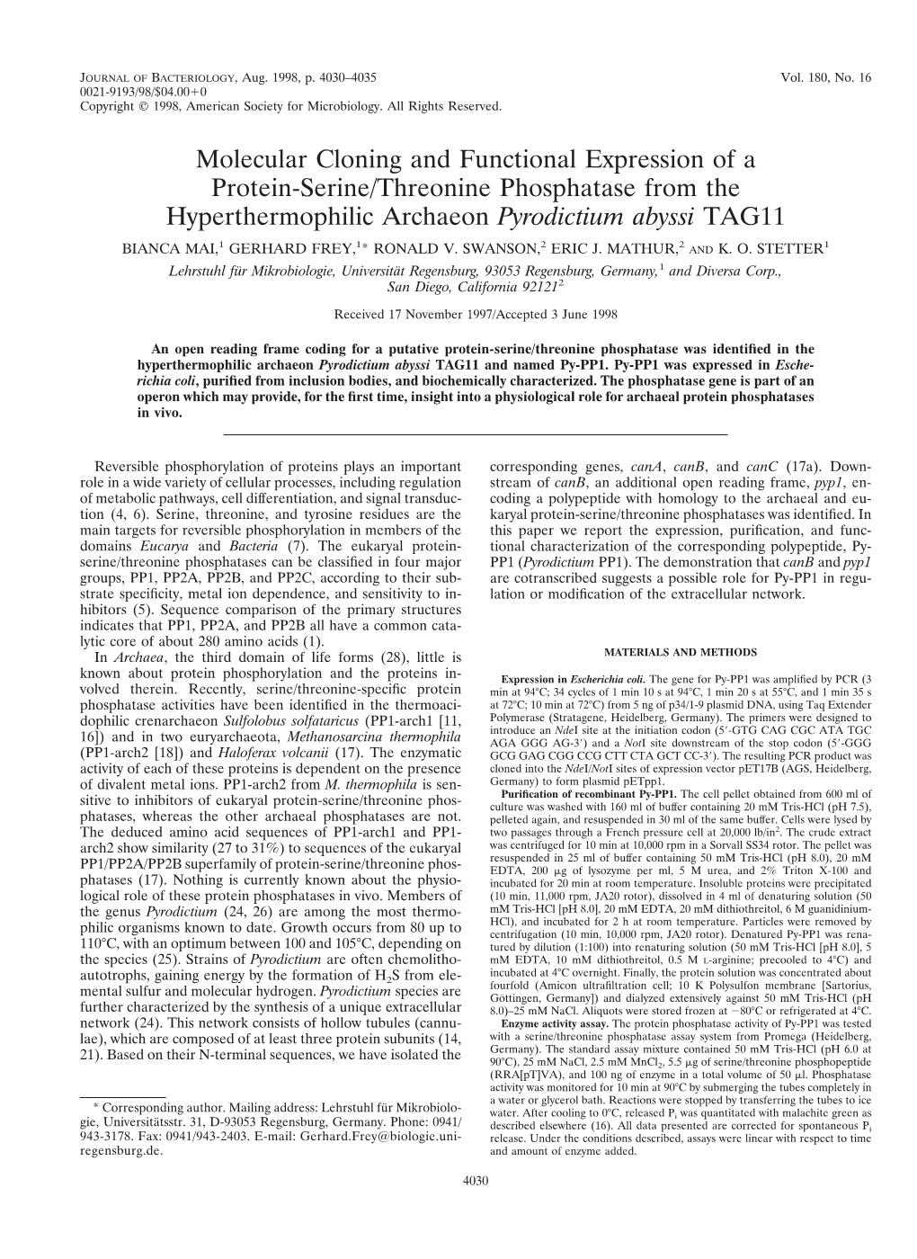 Molecular Cloning and Functional Expression of a Protein-Serine/Threonine Phosphatase from the Hyperthermophilic Archaeon Pyrodictium Abyssi TAG11