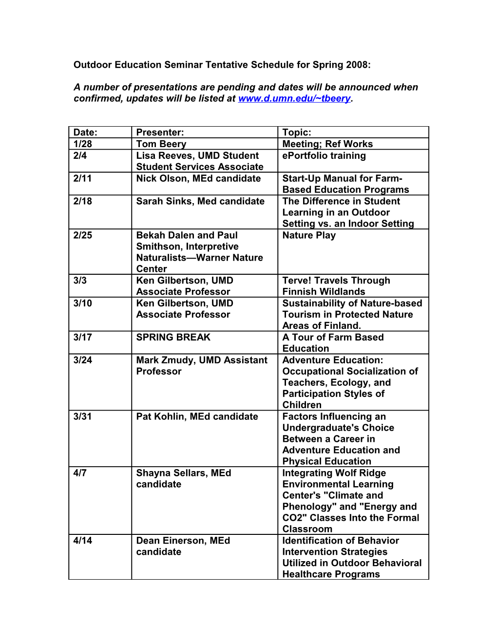 Outdoor Education Seminar Tentative Schedule