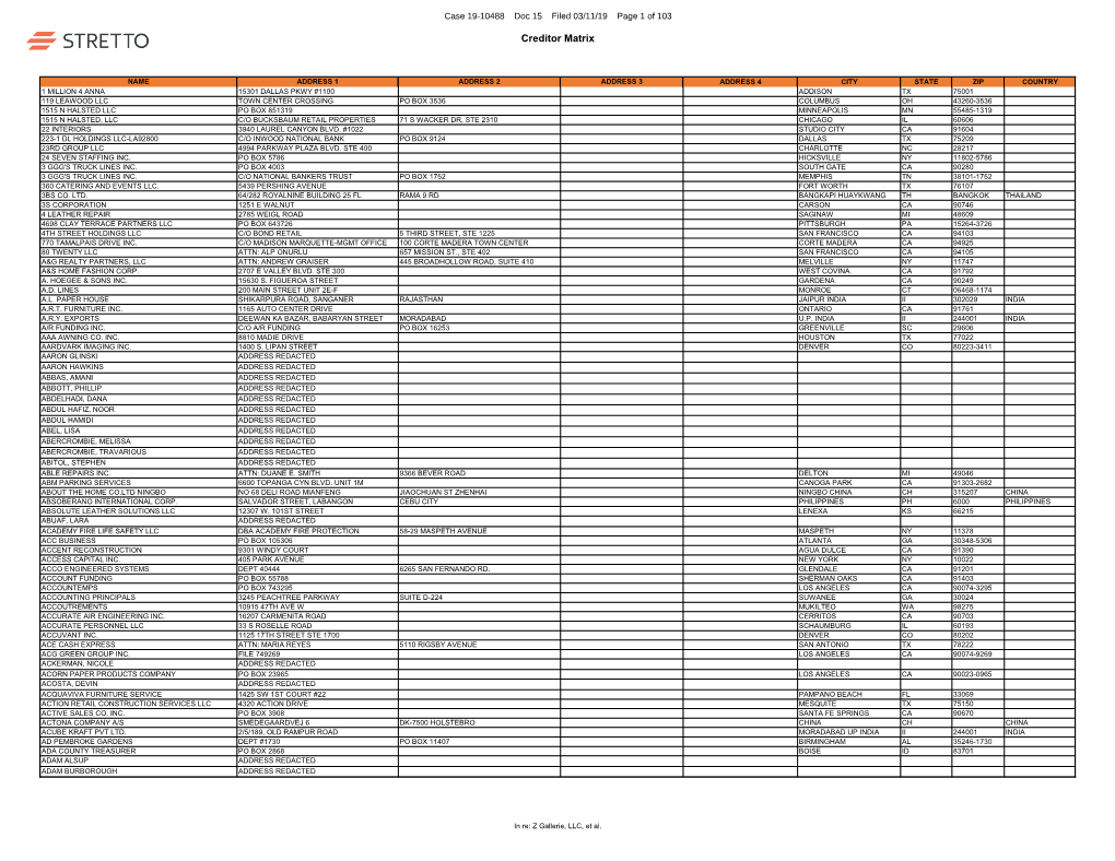 Creditor Matrix