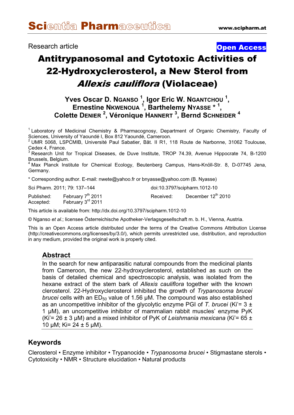 Antitrypanosomal and Cytotoxic Activities of 22-Hydroxyclerosterol, a New Sterol from Allexis Cauliflora (Violaceae)