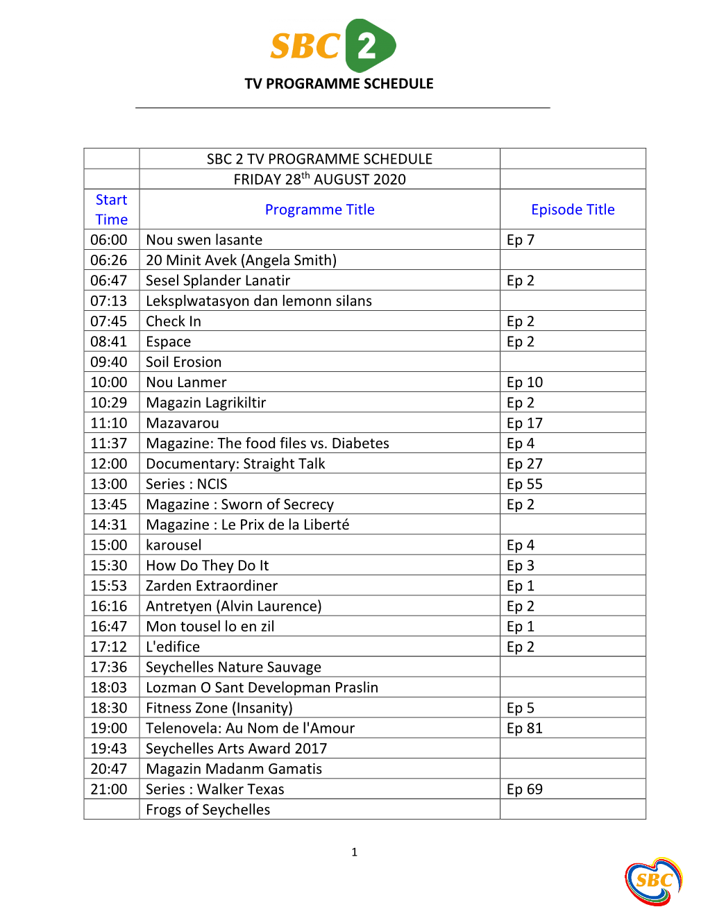 Tv Programme Schedule Sbc 2 Tv Programme Schedule