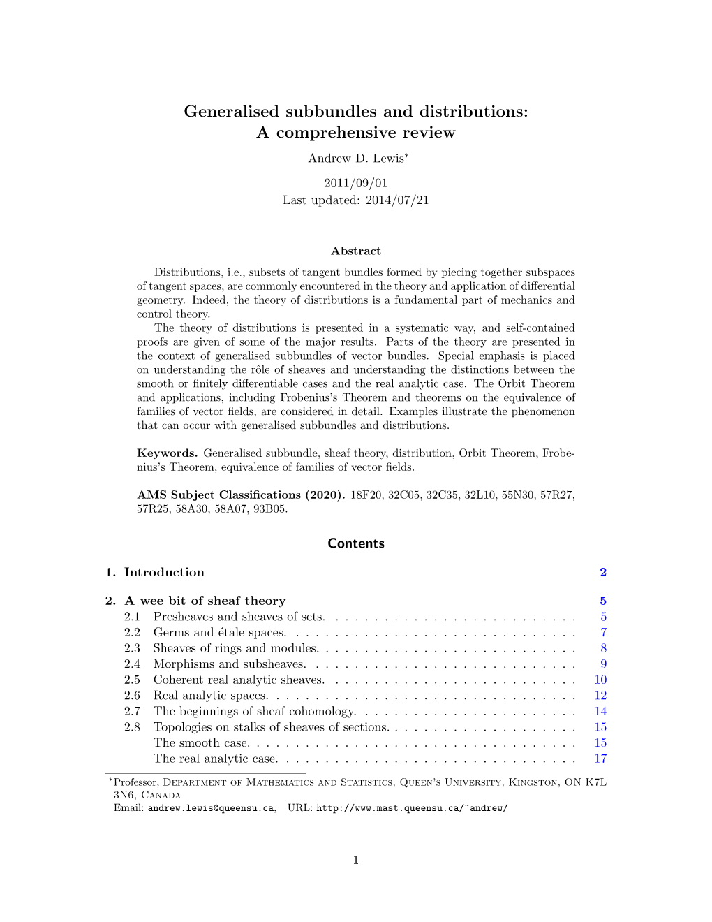 Generalised Subbundles and Distributions: a Comprehensive Review Andrew D