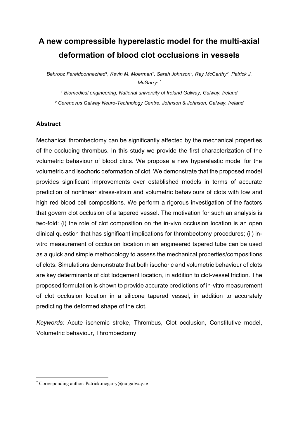 A New Compressible Hyperelastic Model for the Multi-Axial Deformation of Blood Clot Occlusions in Vessels