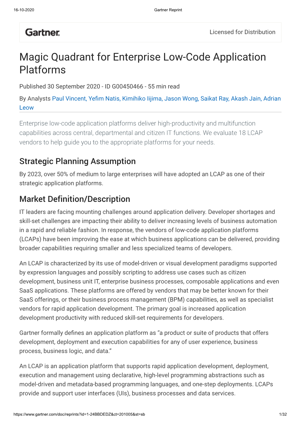 Magic Quadrant for Enterprise Low-Code Application Platforms