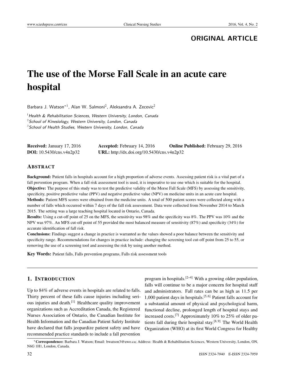 The Use of the Morse Fall Scale in an Acute Care Hospital