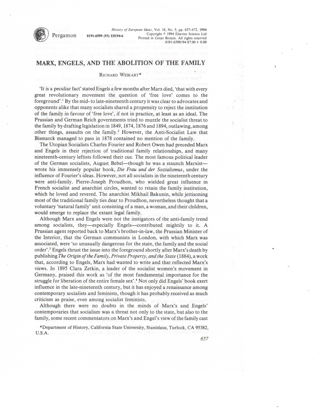 Marx, Engels, and the Abolition of the Family - Richard Weikart*