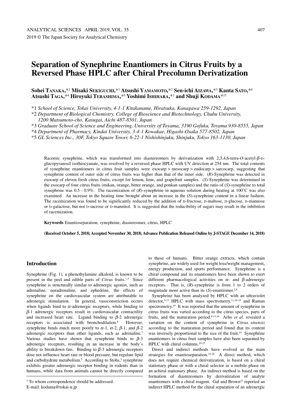 Separation of Synephrine Enantiomers in Citrus Fruits by a Reversed Phase HPLC After Chiral Precolumn Derivatization