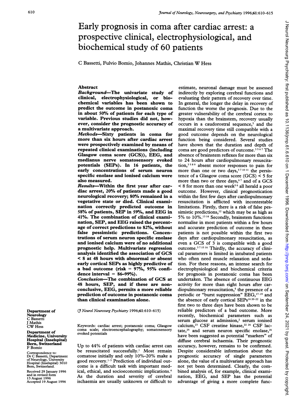 Early Prognosis in Coma After Cardiac Arrest: a Prospective Clinical, Electrophysiological, and Biochemical Study of 60 Patients