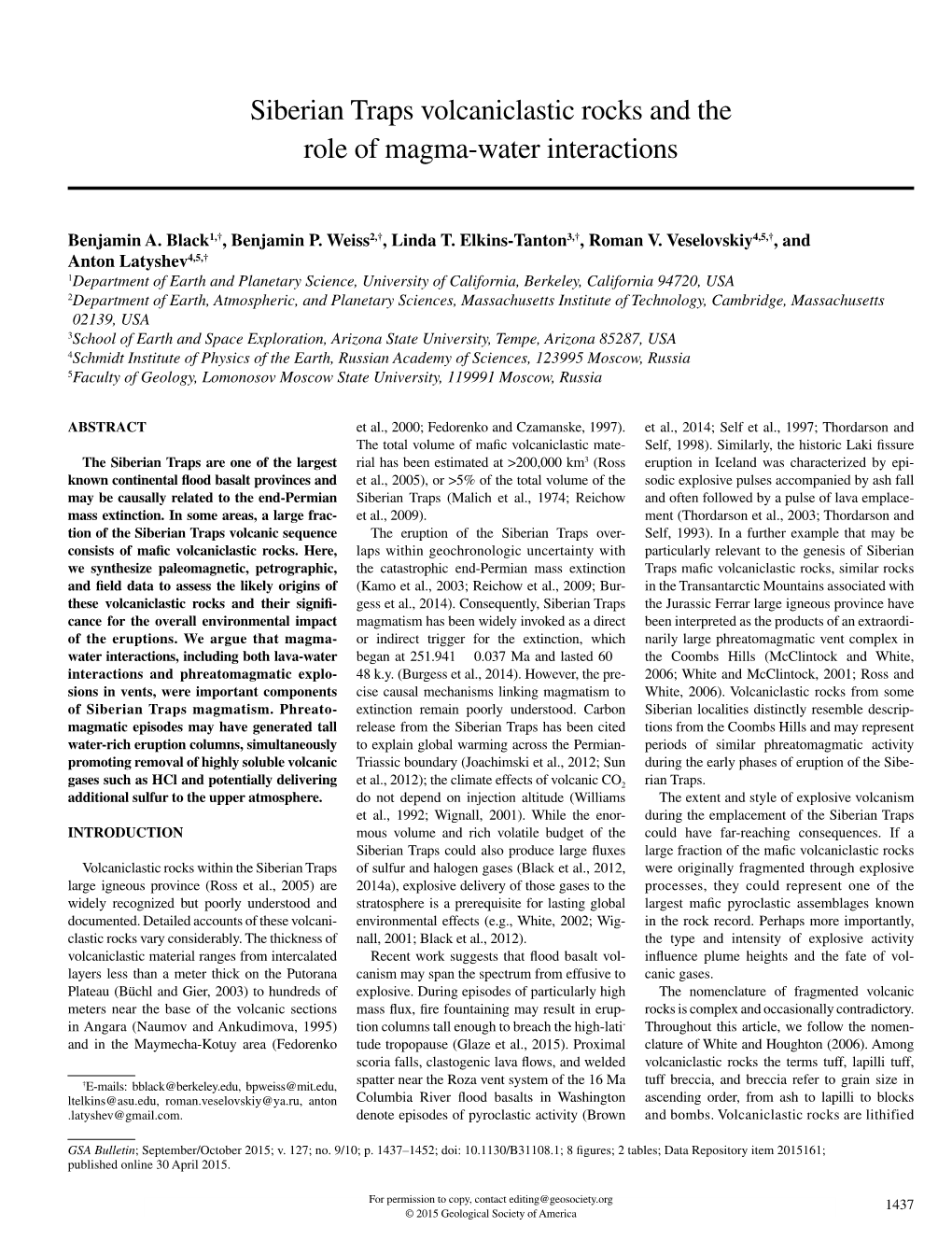 Siberian Traps Volcaniclastic Rocks and the Role of Magma-Water Interactions Siberian Traps Volcaniclastic Rocks and the Role of Magma-Water Interactions