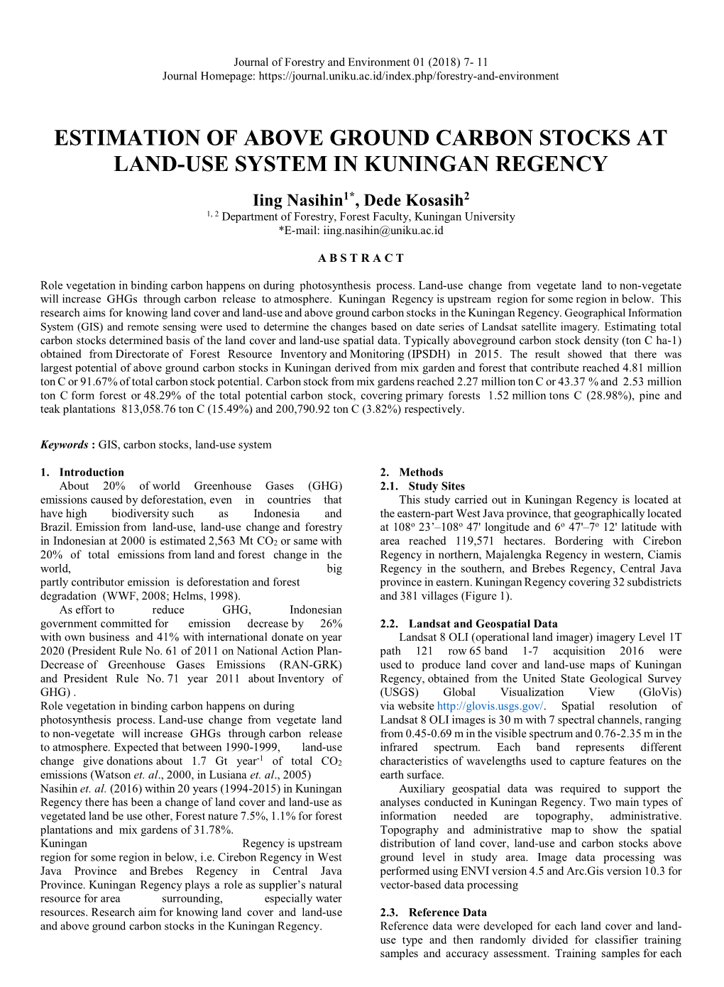 Estimation of Above Ground Carbon Stocks at Land-Use System in Kuningan Regency