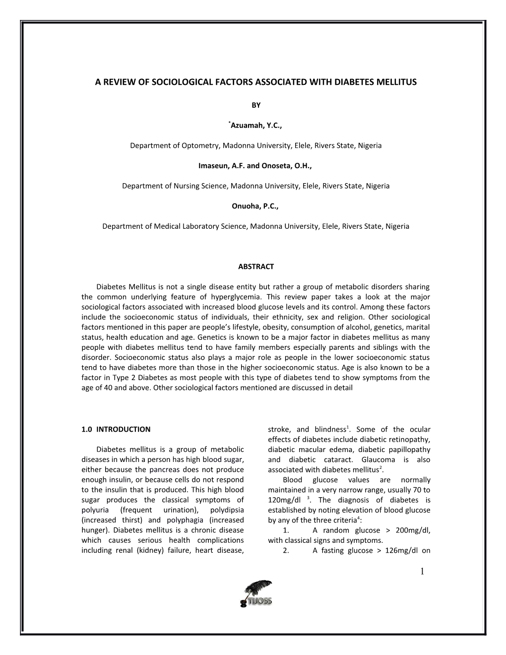 A Review of Sociological Factors Associated with Diabetes Mellitus