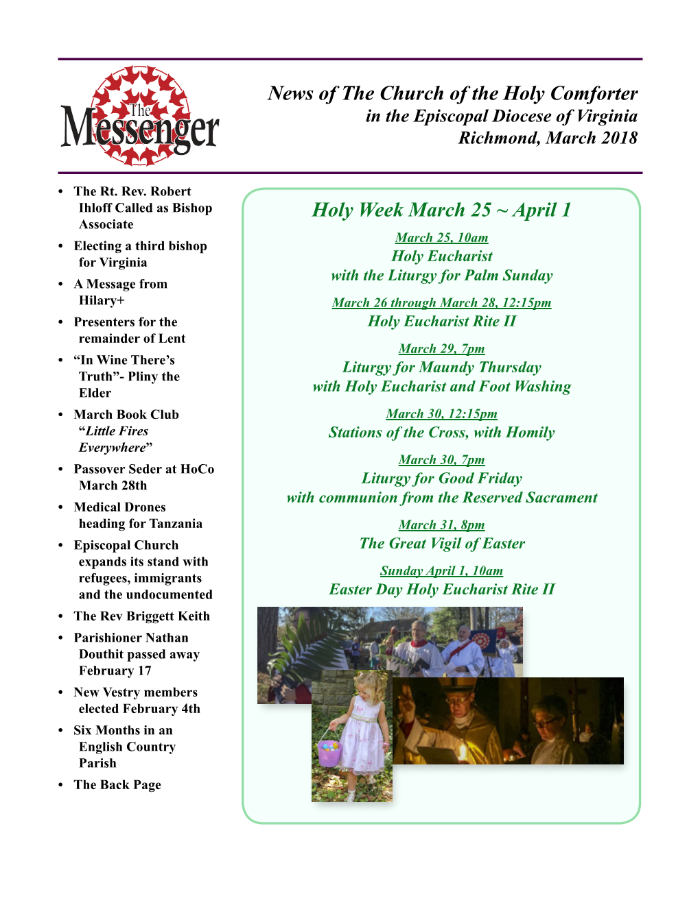 Holy Week March 25 ~ April 1 News of the Church of the Holy Comforter