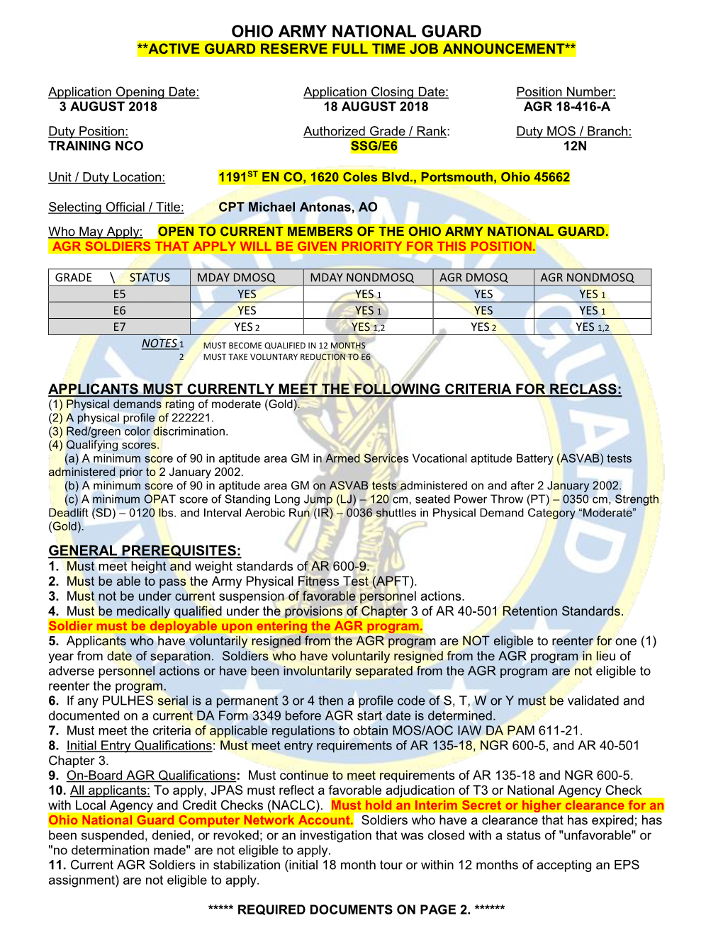 Ohio Army National Guard **Active Guard Reserve Full Time Job Announcement**