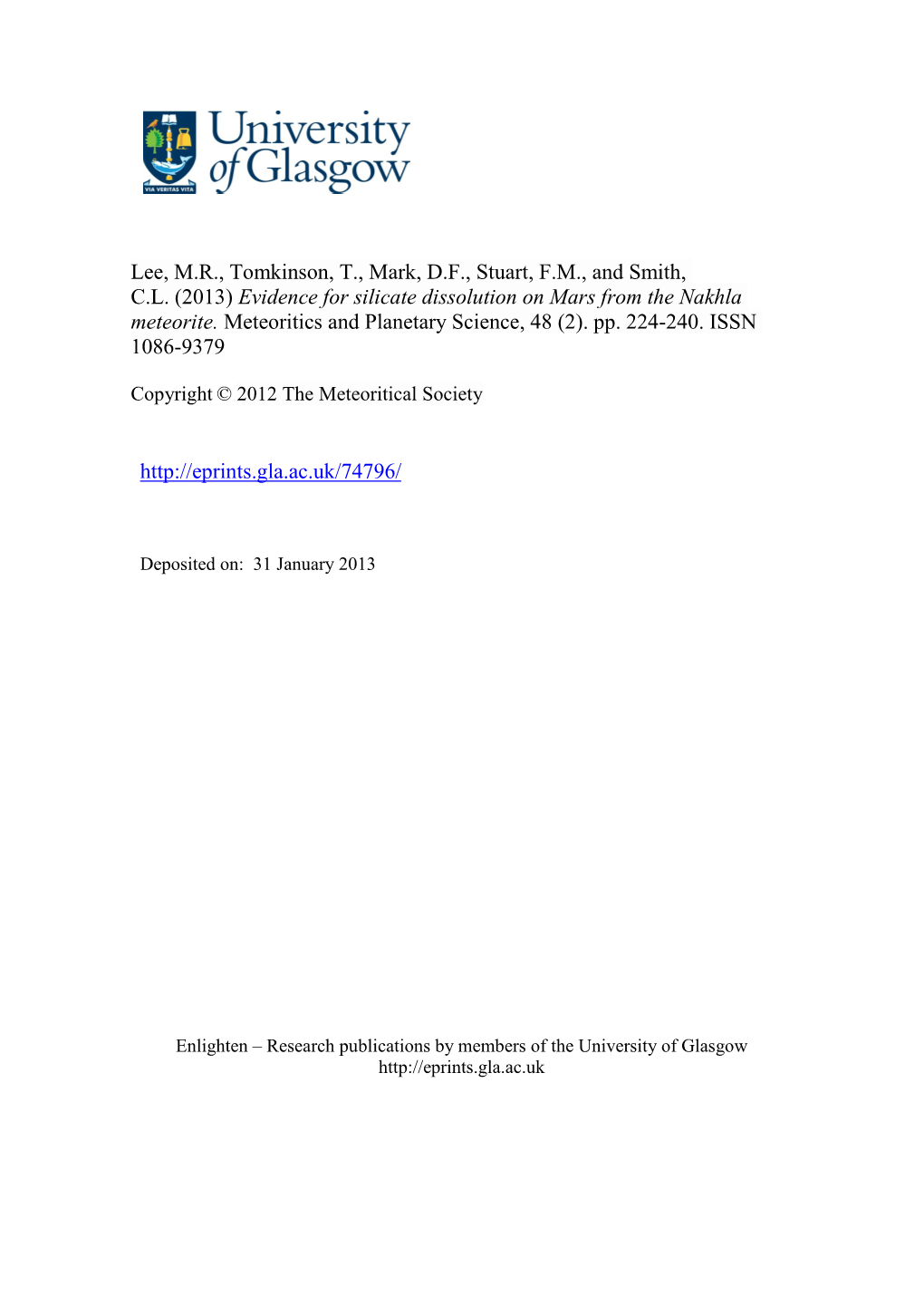 (2013) Evidence for Silicate Dissolution on Mars from the Nakhla Meteorite