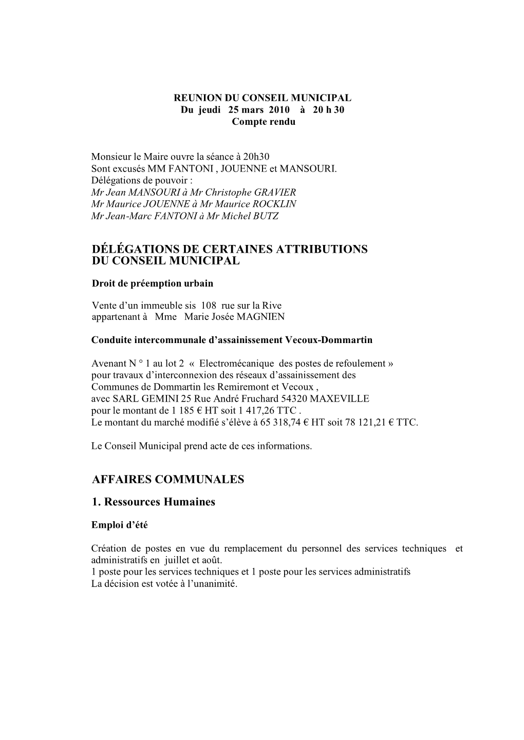 Conseil Municipal Du 25 Mars 2010