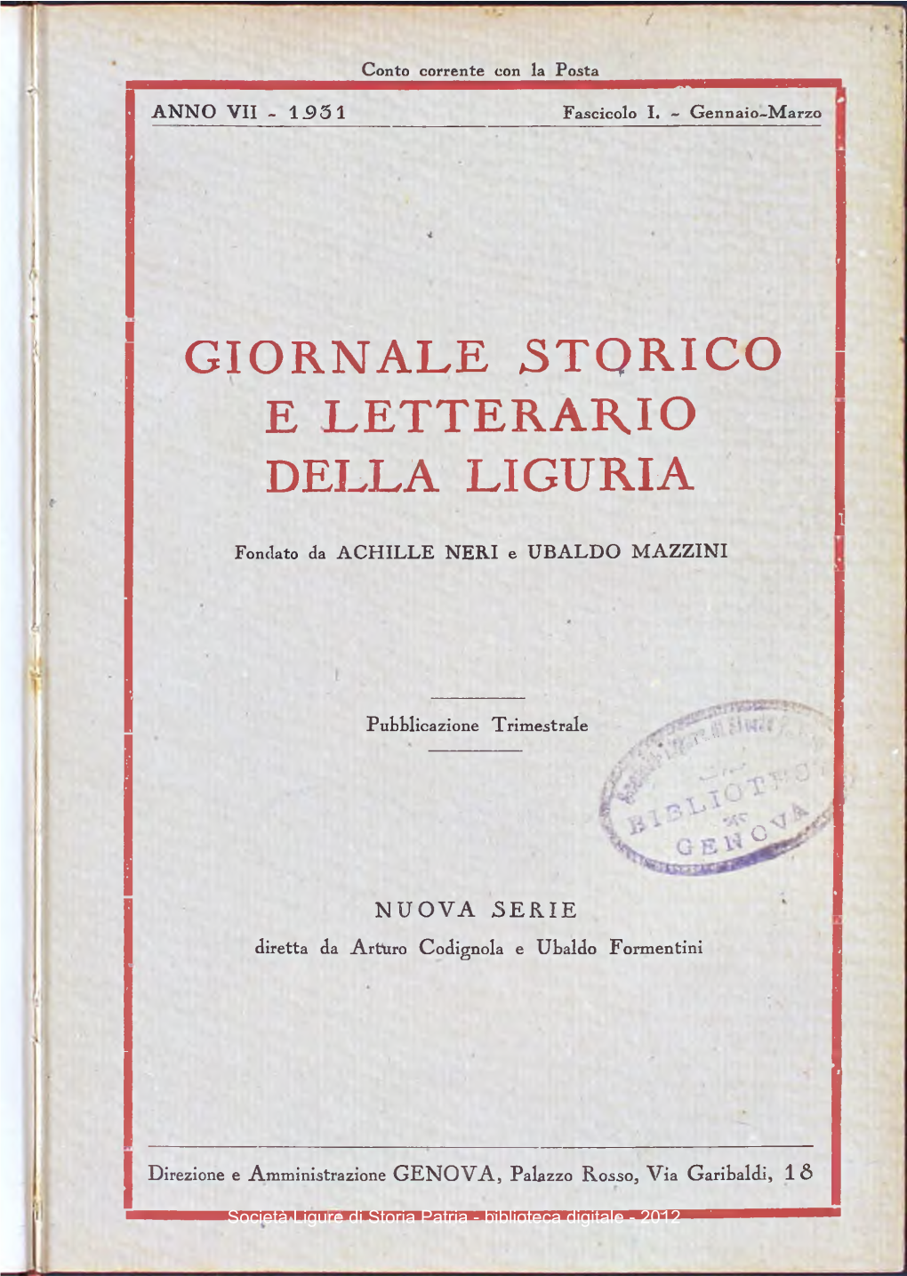 Giornale Storico E Letterario Della Liguria