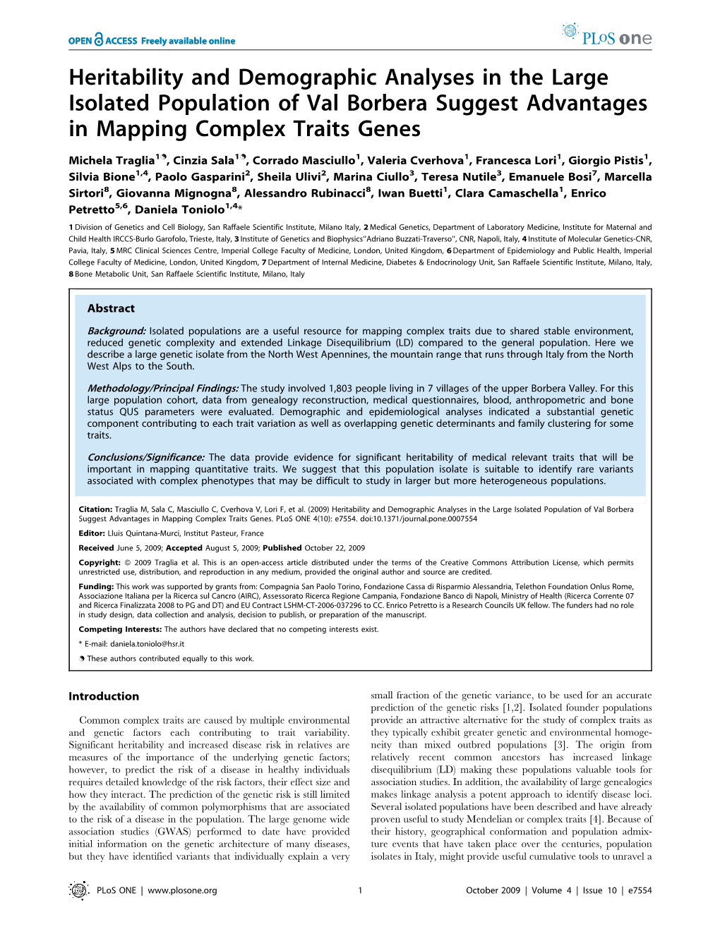 Heritability and Demographic Analyses in the Large Isolated Population of Val Borbera Suggest Advantages in Mapping Complex Traits Genes