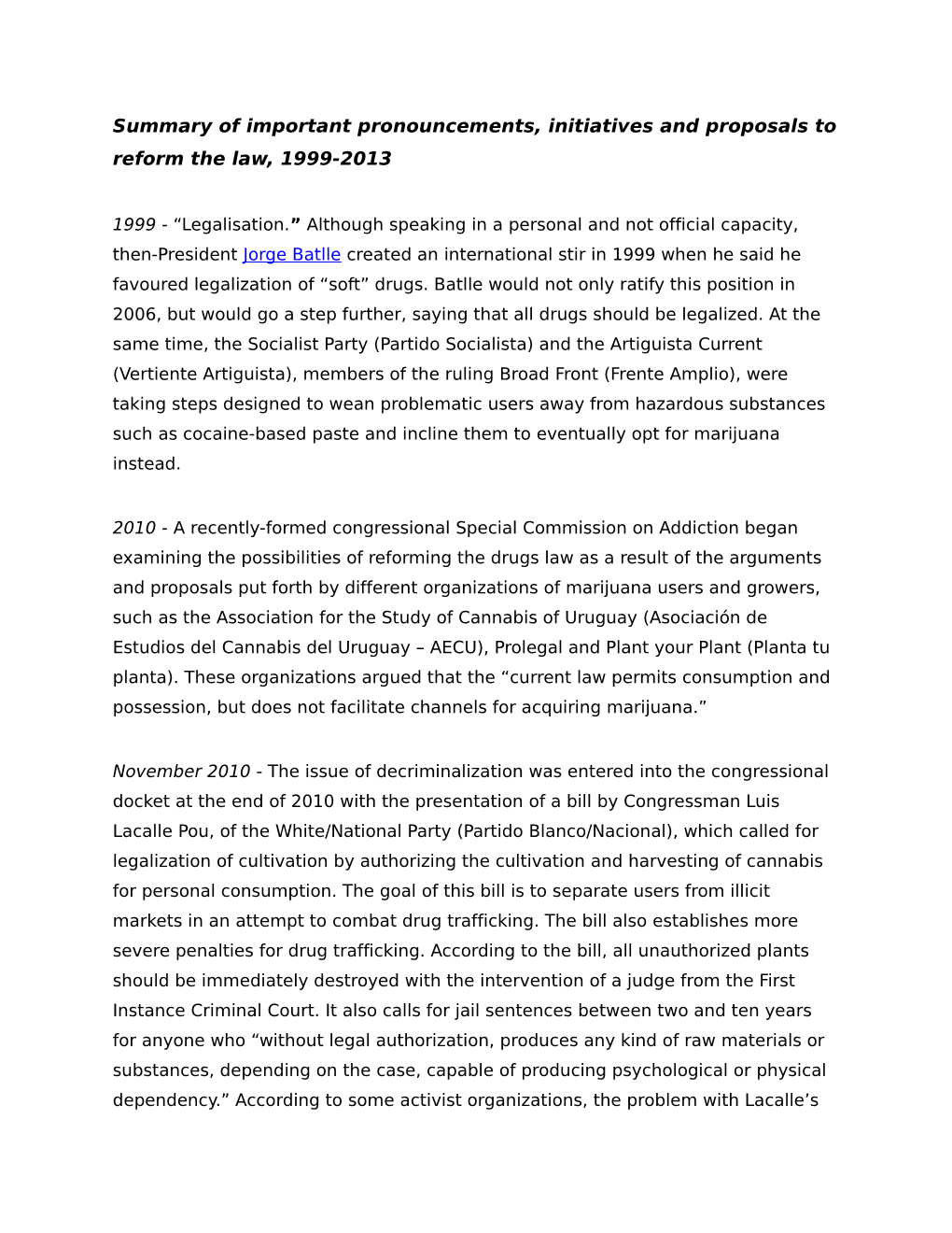 Summary of Important Pronouncements, Initiatives and Proposals to Reform the Law, 1999-2013