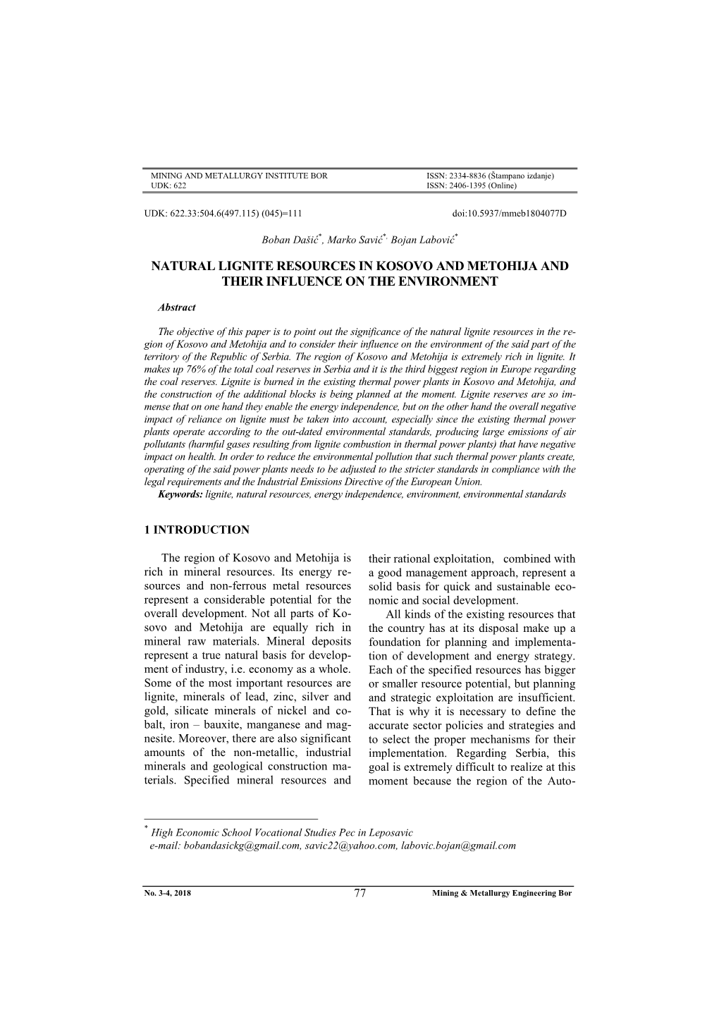 Natural Lignite Resources in Kosovo and Metohija and Their Influence on the Environment