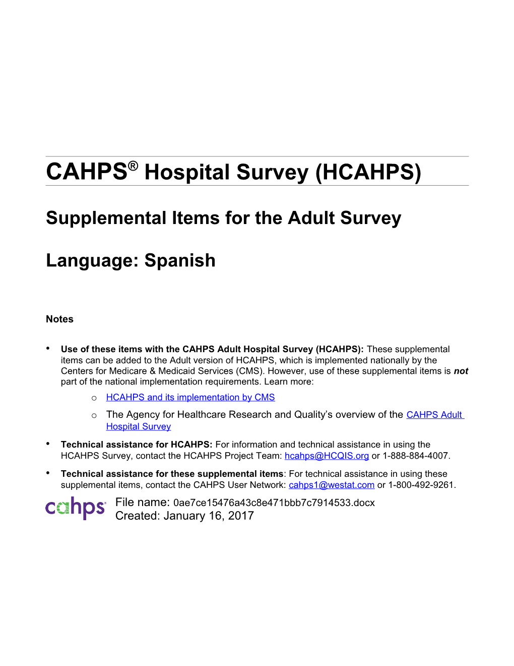 CAHPS Hospital Survey Supplemental Items for the Adult Surveys