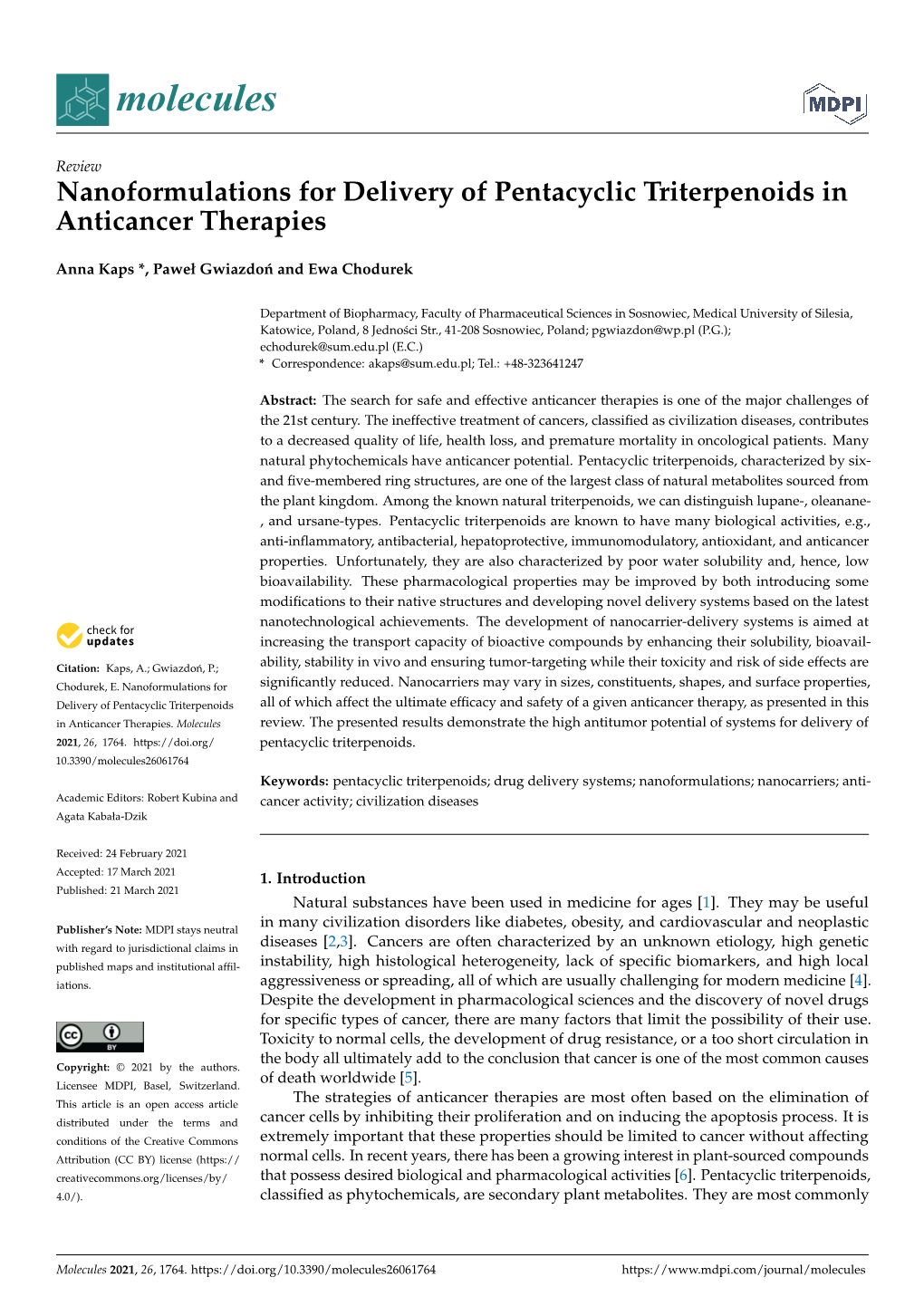 Nanoformulations for Delivery of Pentacyclic Triterpenoids in Anticancer Therapies