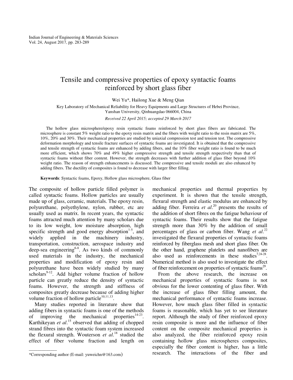 Tensile and Compressive Properties of Epoxy Syntactic Foams Reinforced by Short Glass Fiber