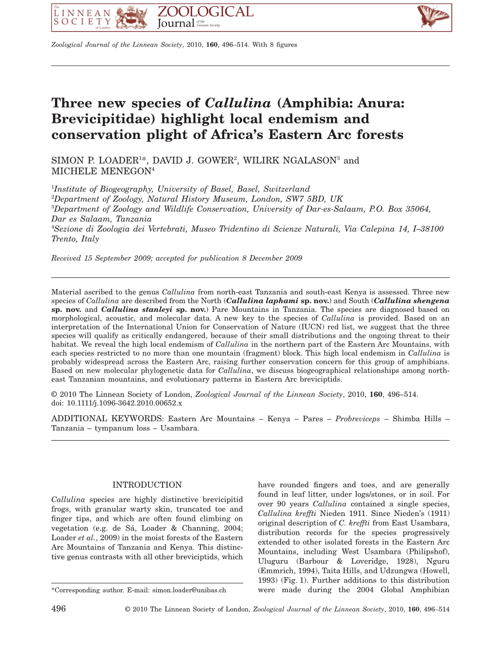 Three New Species of Callulina (Amphibia: Anura: Brevicipitidae) Highlight Local Endemism And