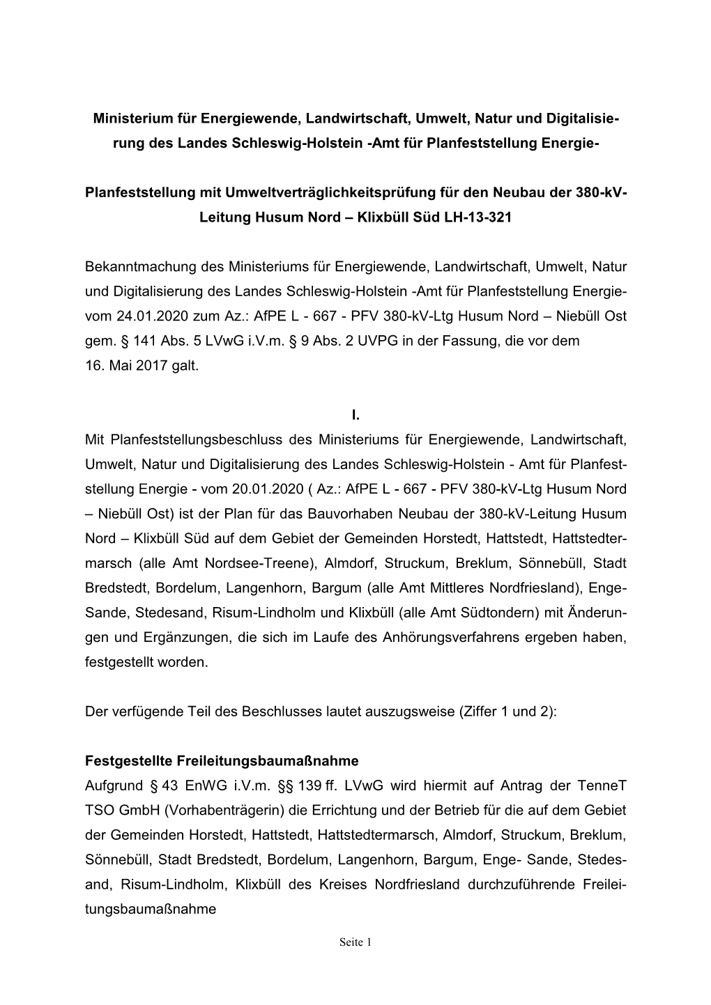 Planfeststellungsbeschluss Des Ministeriums Für Energiewende