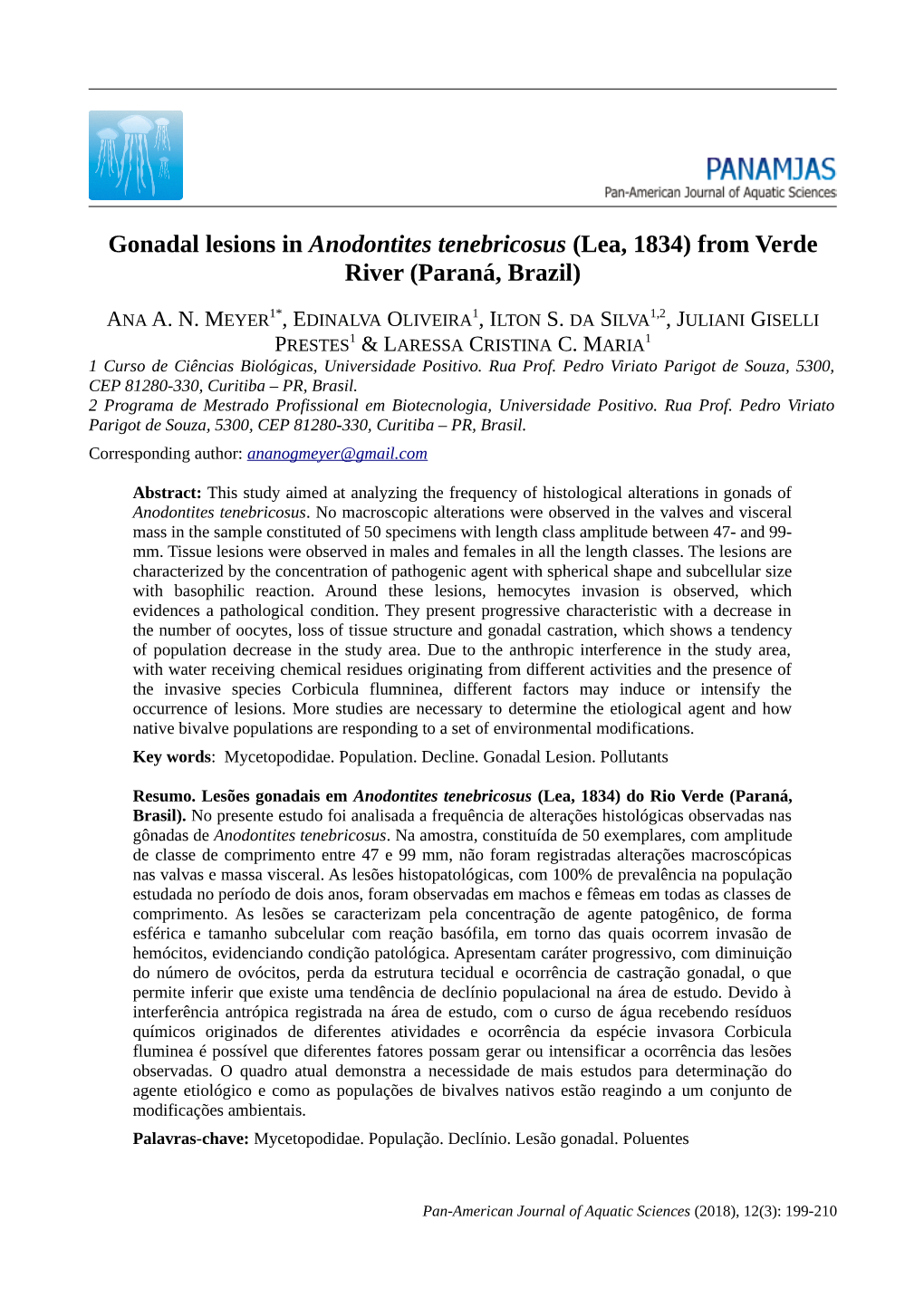 Gonadal Lesions in Anodontites Tenebricosus (Lea, 1834) from Verde River (Paraná, Brazil)