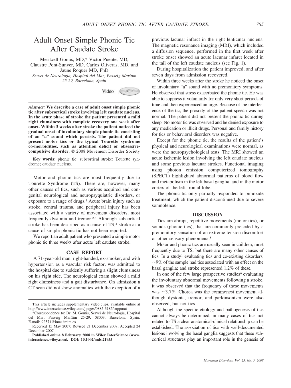 Adult Onset Simple Phonic Tic After Caudate Stroke