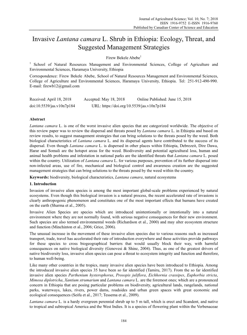 Invasive Lantana Camara L. Shrub in Ethiopia: Ecology, Threat, and Suggested Management Strategies