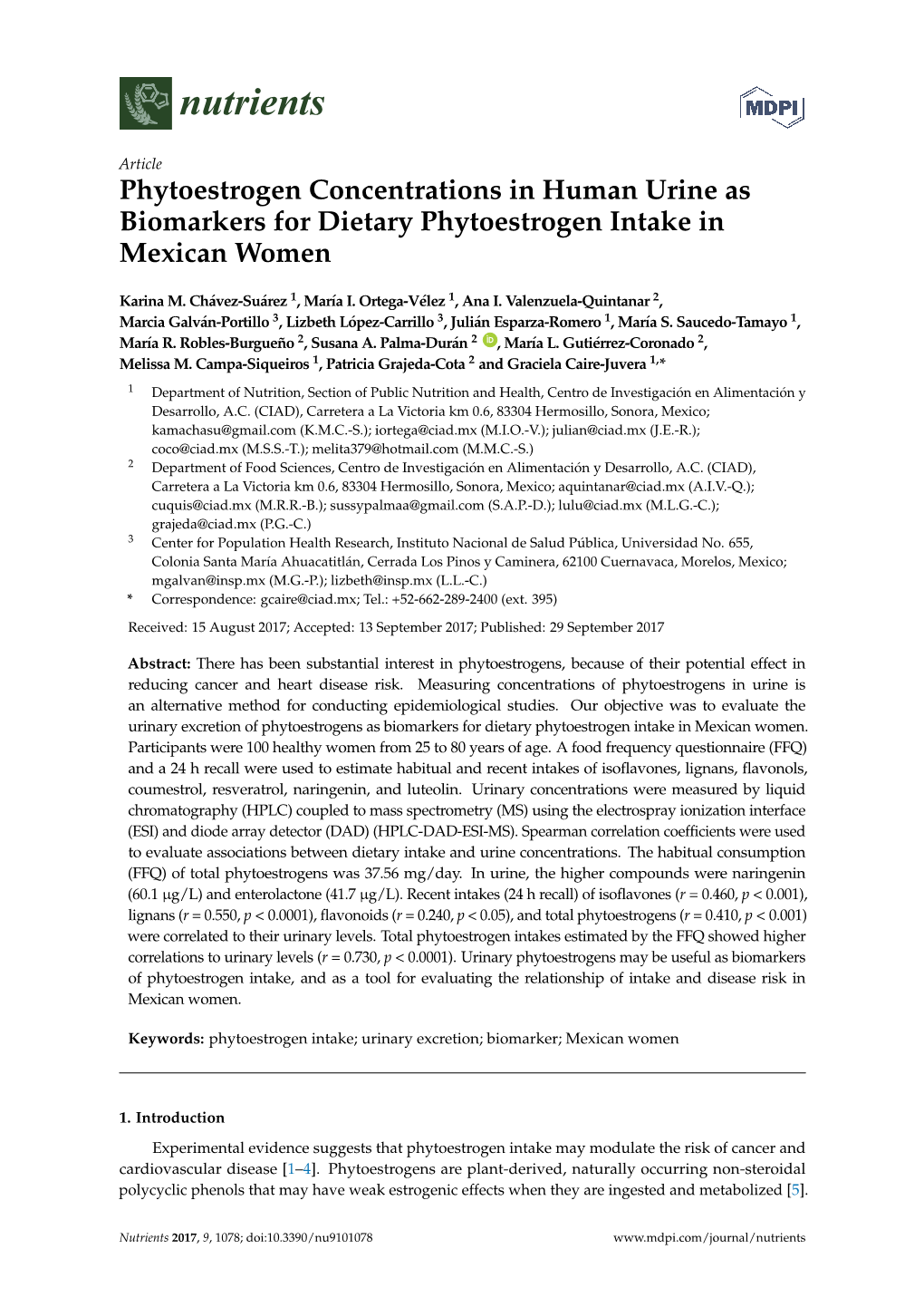 Phytoestrogen Concentrations in Human Urine As Biomarkers for Dietary Phytoestrogen Intake in Mexican Women