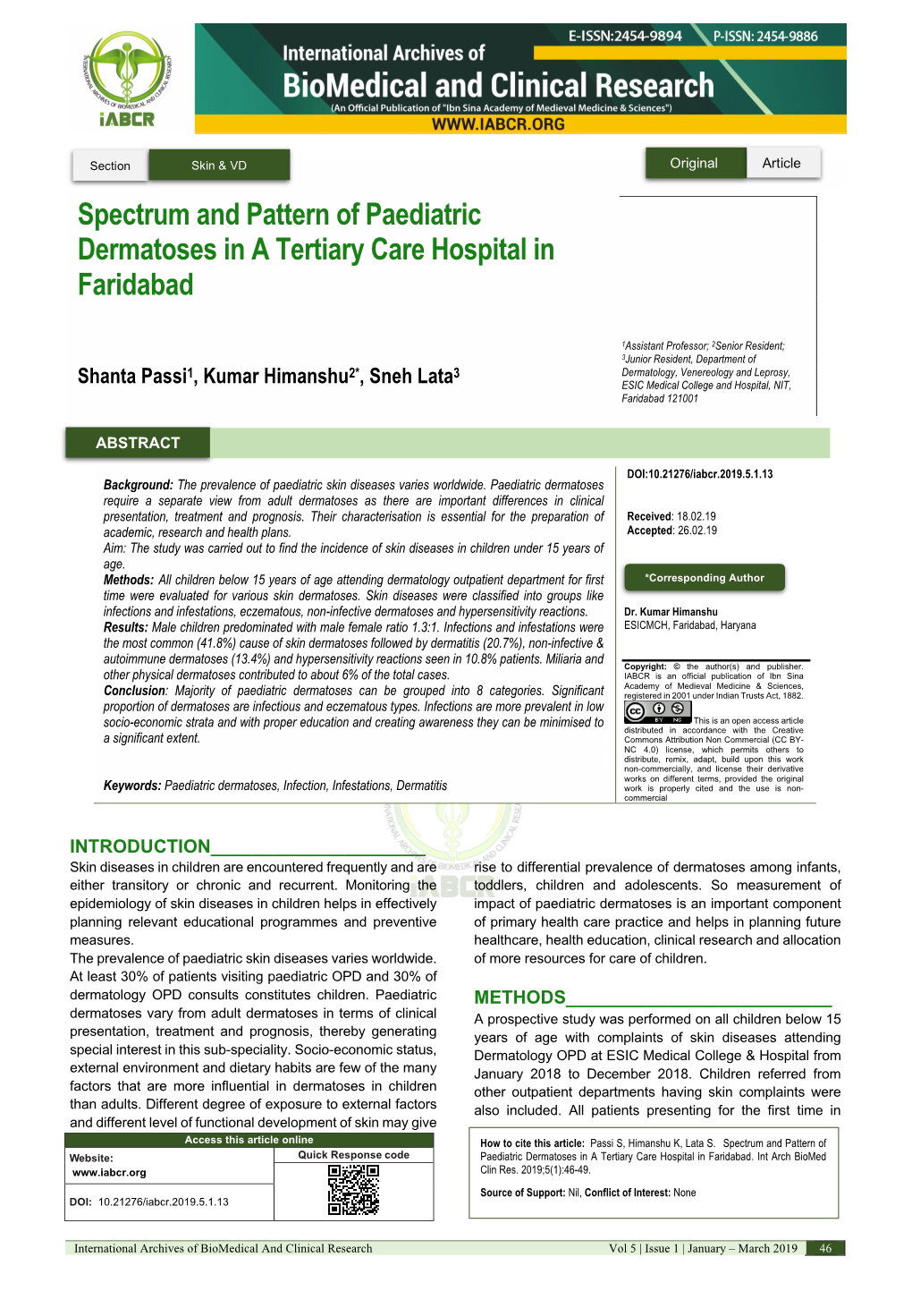 Spectrum and Pattern of Paediatric Dermatoses in a Tertiary Care