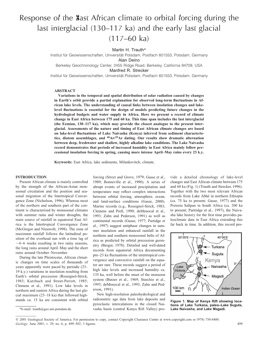 Response of the East African Climate to Orbital Forcing During the Last Interglacial (130–117 Ka) and the Early Last Glacial (117–60 Ka)