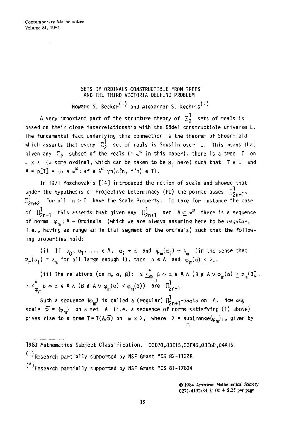 SETS of ORDINALS CONSTRUCTIBLE from TREES and the THIRD VICTORIA DELFINO PROBLEM Howards. Becker(!) and Alexander S. Kechris(Z)